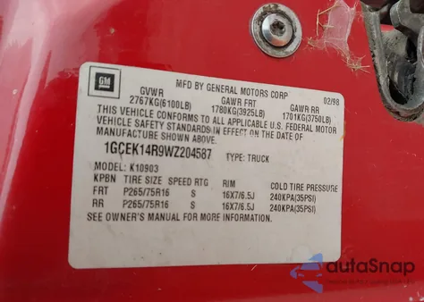 1998 Chevrolet C/K 1500 Fleetside z USA, uszkodzony, nr VIN 1GCEK14R9WZ204587